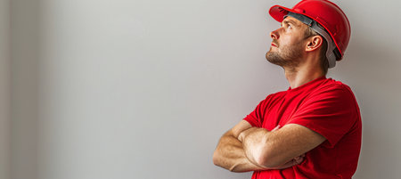 Young construction worker in safety helmet on white background with copy space for textの素材