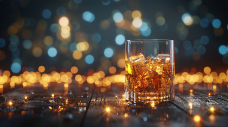 Soothing whiskey glass with ice on dark blurred background, space for text placementの素材