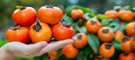 Ripe persimmon held in hand, selection of persimmons on blurred background with copy spaceの素材