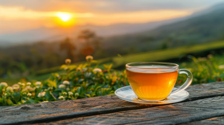 Tranquil green tea cup with verdant mountain field background   ideal for text placementの素材
