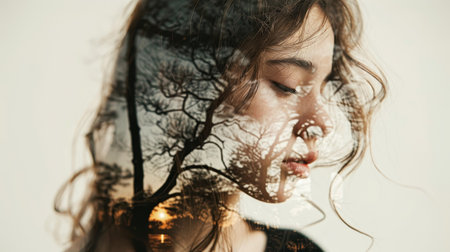 Woman s silhouette merges with enchanting forest view in captivating double exposureの素材