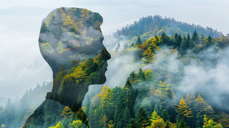 Silhouette of man blended artistically with forest landscape in striking double exposureの素材