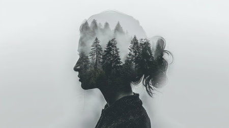 Woman s portrait blend with nature  double exposure of female head silhouette and forest landscapeの素材