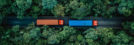 Aerial view  car and truck on highway road, drone perspective with space for textの素材