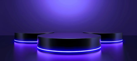Dark purple podium on light studio stage platform for product display with abstract scene backgroundの素材