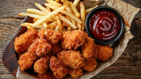 Top view of traditional chicken nuggets and french fries on wooden table with copy spaceの素材