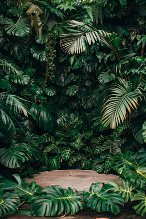 White round podium amidst lush green foliage in a serene natural setting with vibrant greeneryの素材