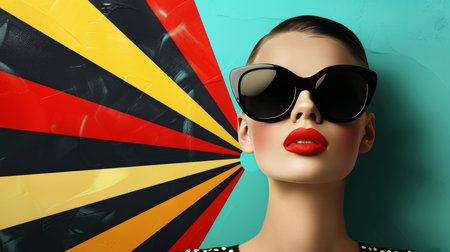 Retro woman in sunglasses on pop art background  surrealistic 60s 70s disco club culture fashionの素材