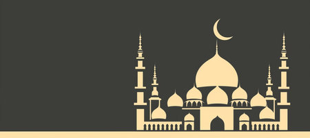 Minimalist mosque silhouette with golden crescent moon on dark background, copy space for textの素材