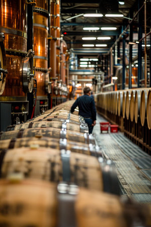 Traditional craftsmen at copper stills in historic scottish highland whisky distilleryの素材