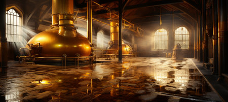 Craftsmanship and quality  workers inspecting golden brew in traditional beer production facilityの素材