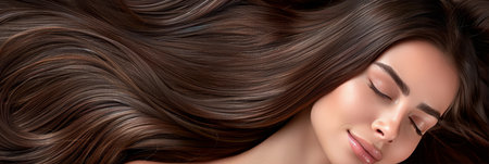 Stylish brunette woman with long shiny hair on dark background, beauty and hair care conceptの素材