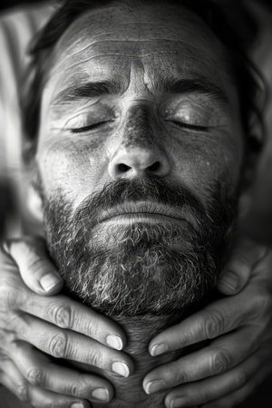 Expert barber crafting sharp beard line in stylish monochrome shop with dramatic lightingの素材