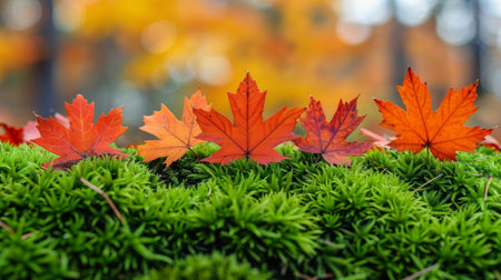 Tranquil forest setting with autumn leaves and mossy rocks   copy space availableの素材