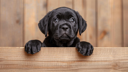 Curious little puppy with paws up peeking over beige wood background, copy space for textの素材