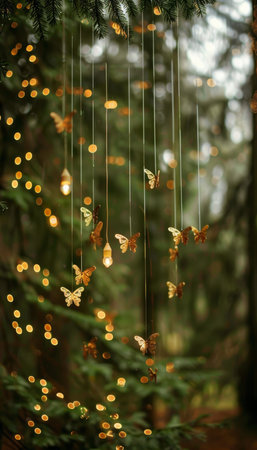 Enchanting background with thuja branches, fairy lights, and paper butterflies for magical designsの素材