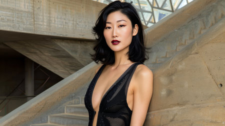 Confident female model in urban setting at golden hour for luxury brand promotionsの素材