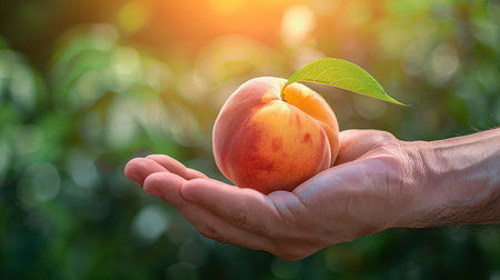 Hand holding ripe peach with blurred peach selection background and ample space for text placementの素材