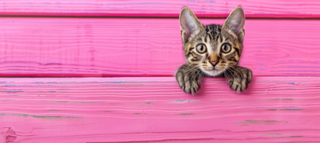 Curious tabby kitten peeking over white wooden background, playful feline on blurred backdropの素材