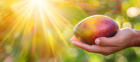 Ripe mango held in hand with selection of mangoes on blurred background for text placementの素材