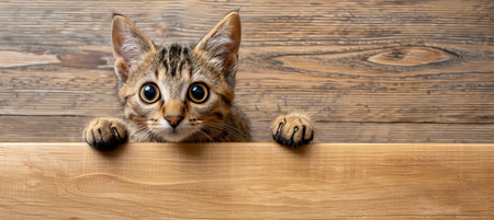Curious tabby kitten peeks over beige wood, paws up, blurred background, space for text placementの素材