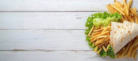 Top view of traditional sandwiches and french fries on wooden table with space for textの素材