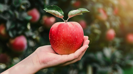 Organic apple held in hand with selection on blurred background, copy space for textの素材