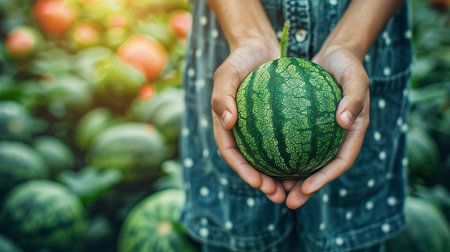 Hand holding watermelon wedge with selection of fresh watermelons on blurred backgroundの素材