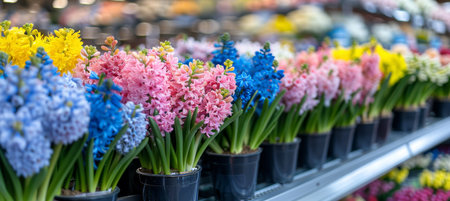 Lush hyacinth flowers in pots on blurred background, copy space for text, spring garden bloomsの素材