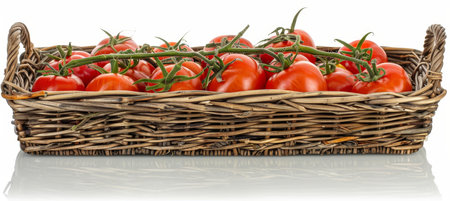 Basket full of fresh red tomatoes, isolated on pure white background with a reflection effect.の素材