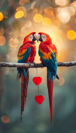 Pair of scarlet macaws perched on a branch with blurred background and copy spaceの素材