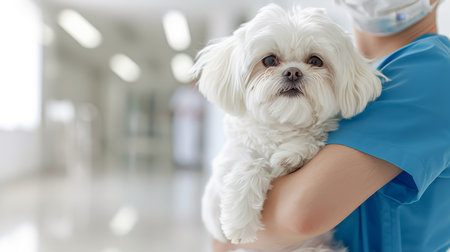 Male veterinarian holding a dog in clinical interior with copy space, animal health care conceptの素材