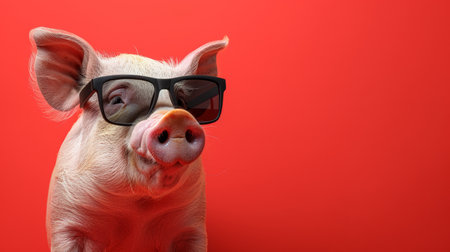 Stylish piglet in sunglasses on a pastel background with space for text insertionの素材