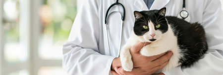Male veterinarian holding cat in clinical setting with copy space for text, white background.の素材