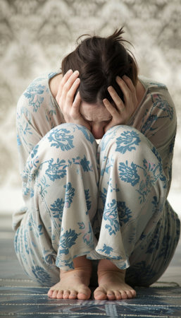 Woman in pajamas sitting on bed struggling with depression and mental health issuesの素材