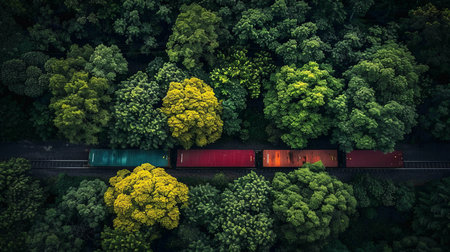 Freight train transporting cargo containers along railway tracks next to a lush forest, side view.の素材