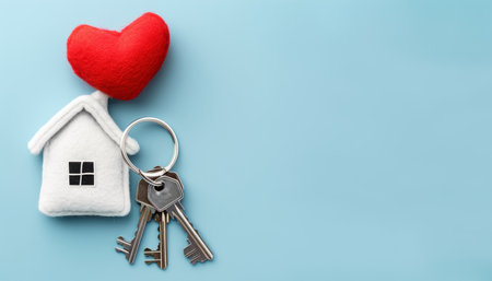 Symbolic homeownership concept  keys, house shaped keyring, red heart, copy spaceの素材