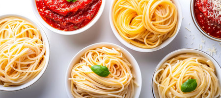 Assorted spaghetti dishes with pasta and sauces on white background, ideal for text placementの素材