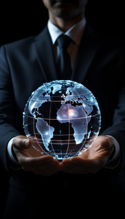 Businessman presenting 3d world globe hologram on futuristic screen for global business concept.の素材