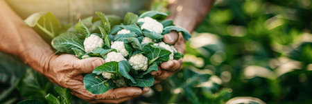 Hand holding cauliflower head with selection on blurred background, copy space availableの素材