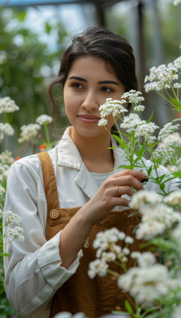 Biology scientist researching in vertical farm lab with diverse natural eco plants on rack.の素材