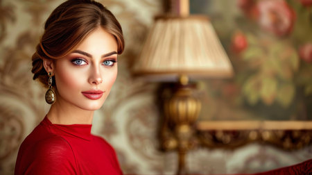 Chic model with impeccable makeup in a luxurious rooftop lounge at twilight   upscale lifestyleの素材
