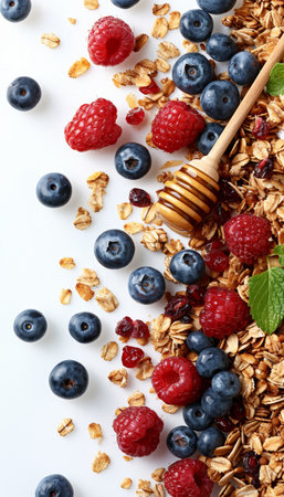 Wholesome american breakfast  granola, milk, berries, honey on white background with copy space.の素材