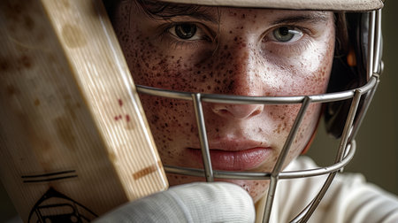 Cricket players  intense eyes in close up, showing determination and focus before bowling or battingの素材