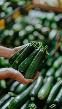 Hand holding zucchini with selection on blurred background for text, copy space includedの素材