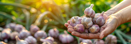 Garlic selection  hand holding garlic bulb with blurred background, copy space for textの素材