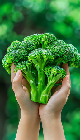Fresh broccoli floret held in hand, selection of broccoli on blurred background with copy spaceの素材