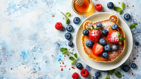 Wholesome breakfast  cute bear face pancake with berries, honey on white background.の素材