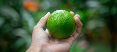Fresh tangy lime held in hand with selection of limes on blurred background for text placementの素材