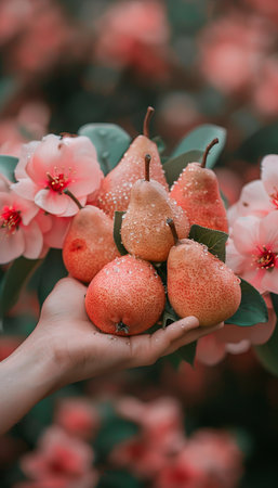 Fresh pear in hand on blurred background with copy space for text, selecting pearsの素材
